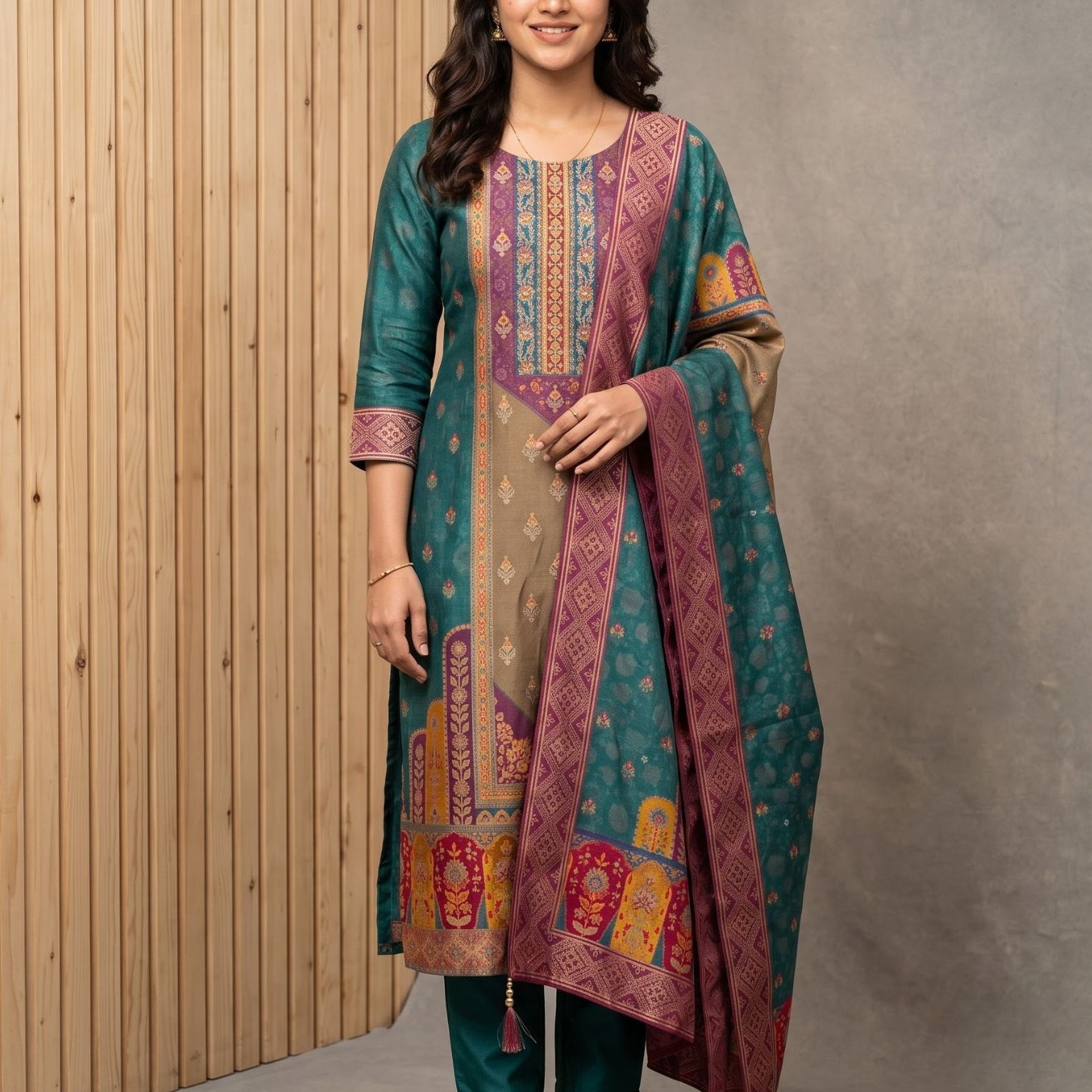 A woman modeling a traditional three-piece salwar kameez suit set. The set features a teal green kurta with intricate multicolor embroidery, matching teal pants, and a teal dupatta with a wide magenta border and colorful printed motifs.