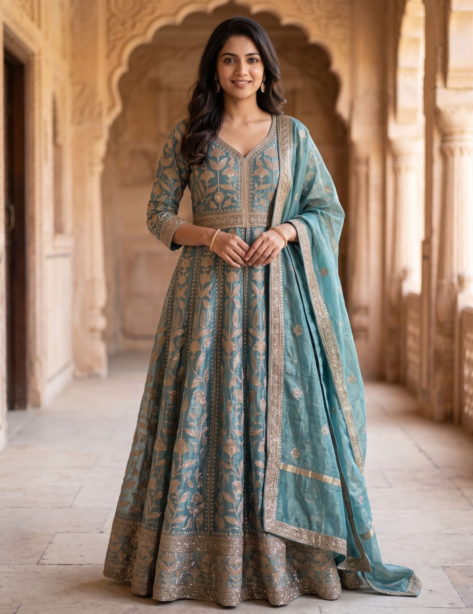 Tissue Anarkali Salwar Suit in Teal Blue for Festive Wear