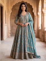 Tissue Anarkali Salwar Suit in Teal Blue for Festive Wear