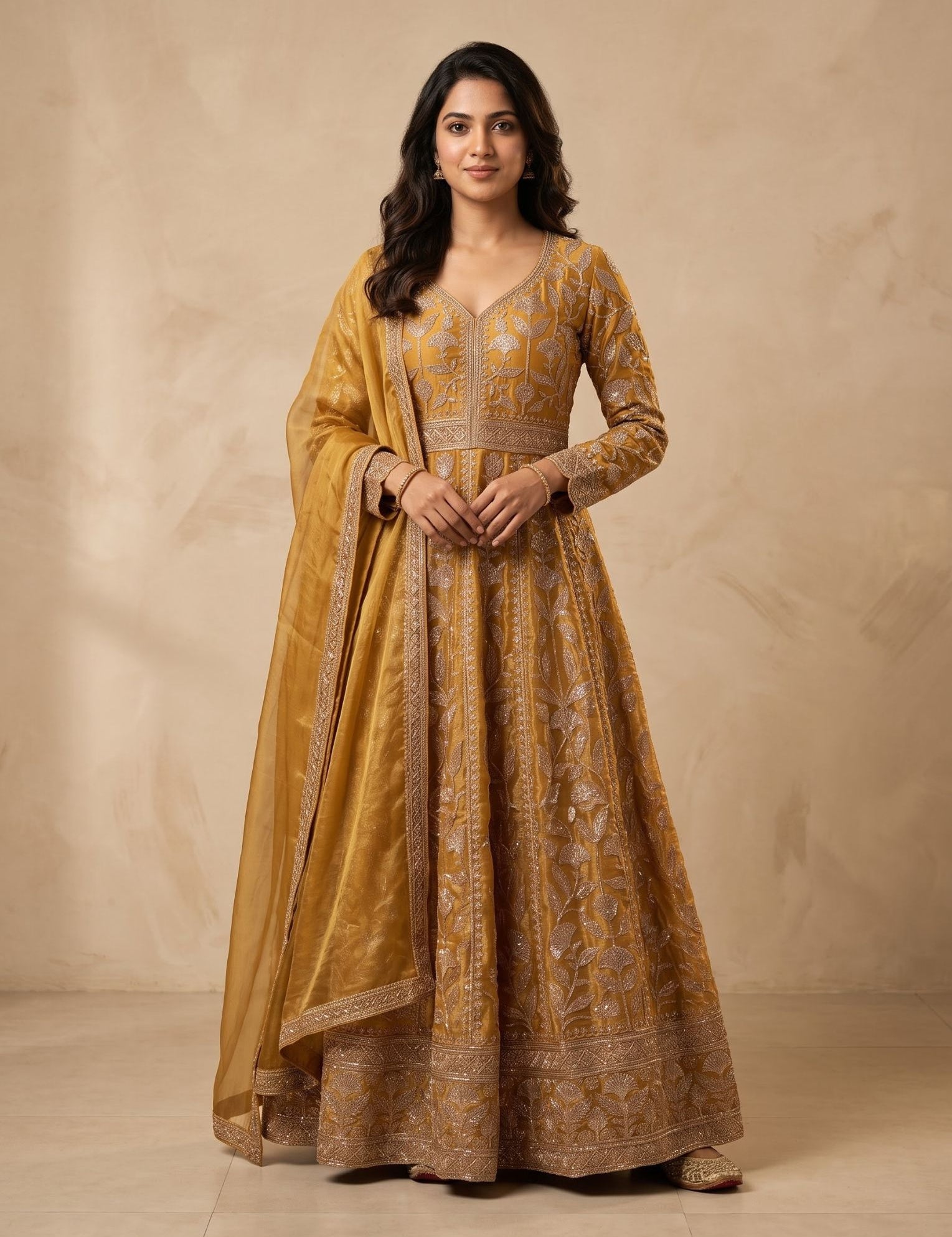 Tissue Anarkali Salwar Suit in Mustard for Festive Wear