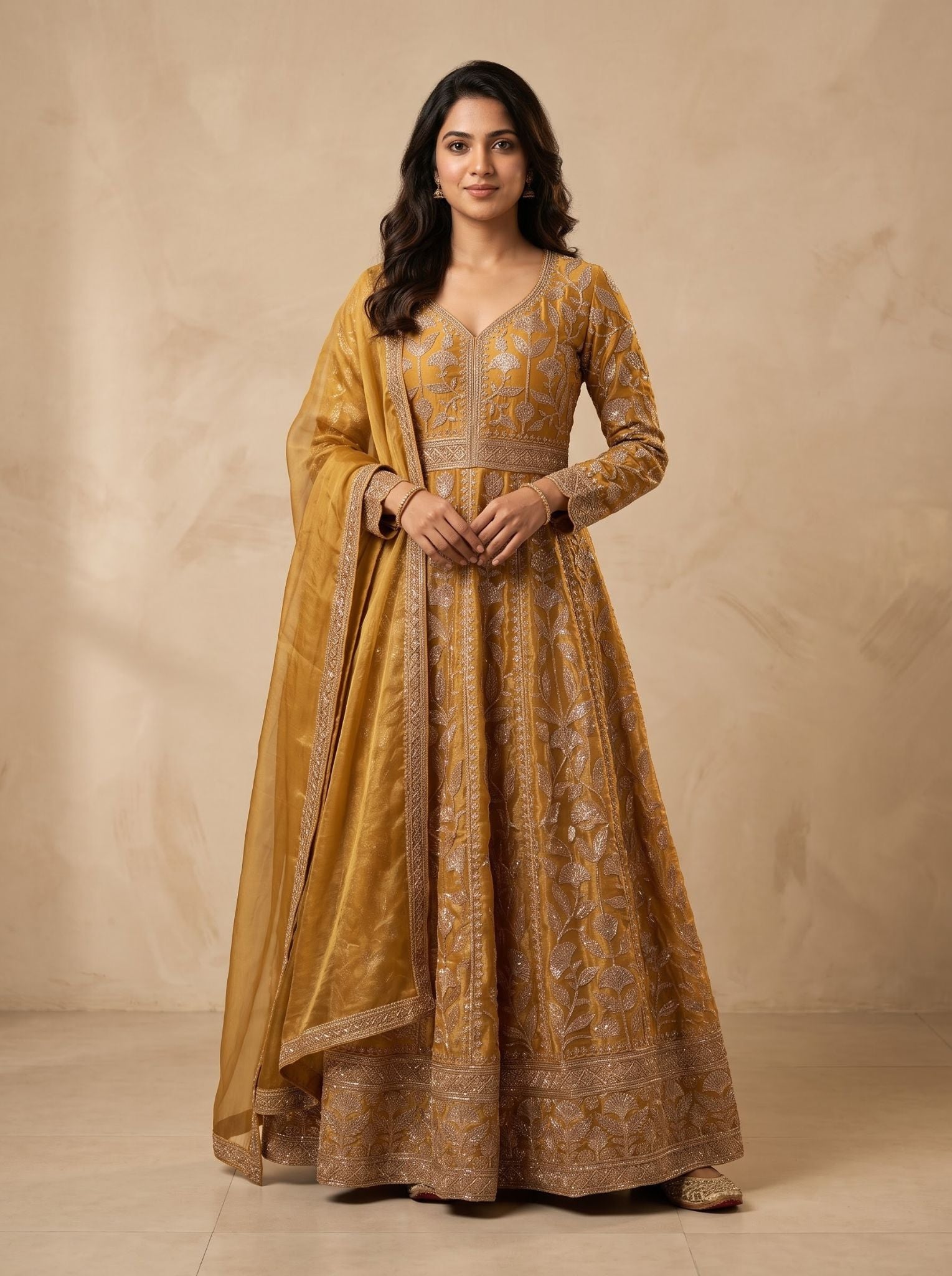 Tissue Anarkali Salwar Suit in Mustard for Festive Wear
