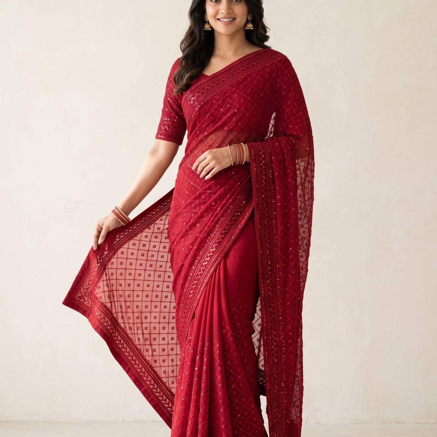 Maroon georgette saree with unstitched blouse piece, draped for a cocktail occasion