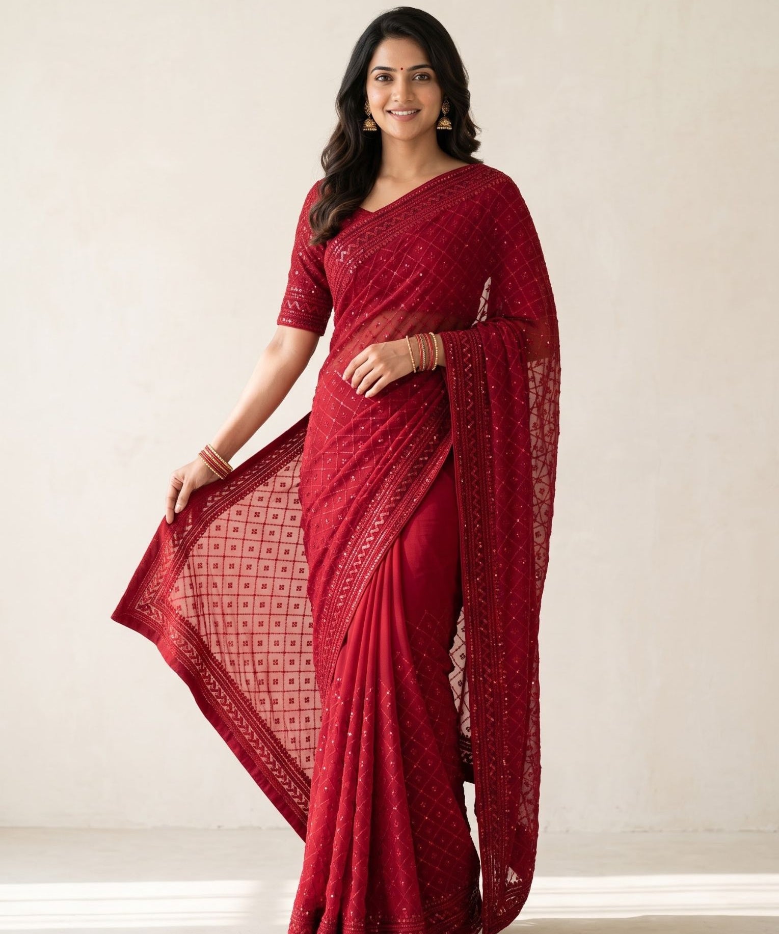 Maroon georgette saree with unstitched blouse piece, draped for a cocktail occasion