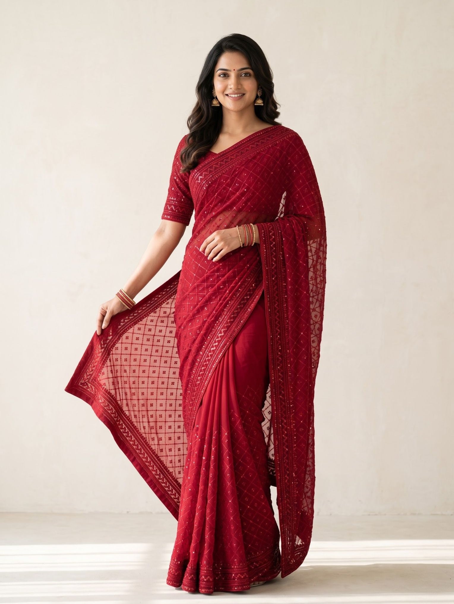 Maroon georgette saree with unstitched blouse piece, draped for a cocktail occasion