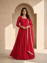 Crepe Festive Gown in Ruby Red with Lehenga Skirt and Dupatta