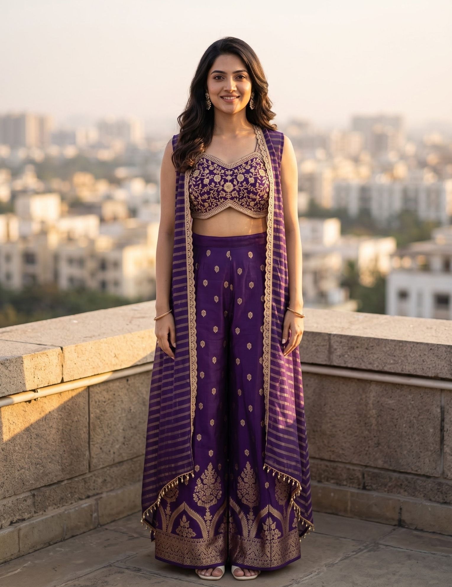 Purple silk crop top palazzo set with stitched blouse, lehenga skirt and dupatta, styled for a cocktail evening