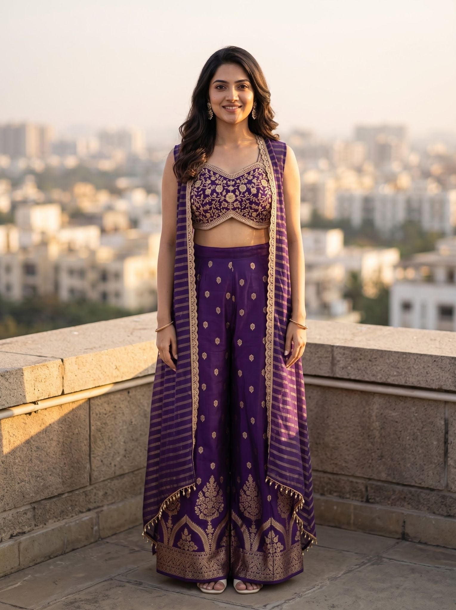 Purple silk crop top palazzo set with stitched blouse, lehenga skirt and dupatta, styled for a cocktail evening