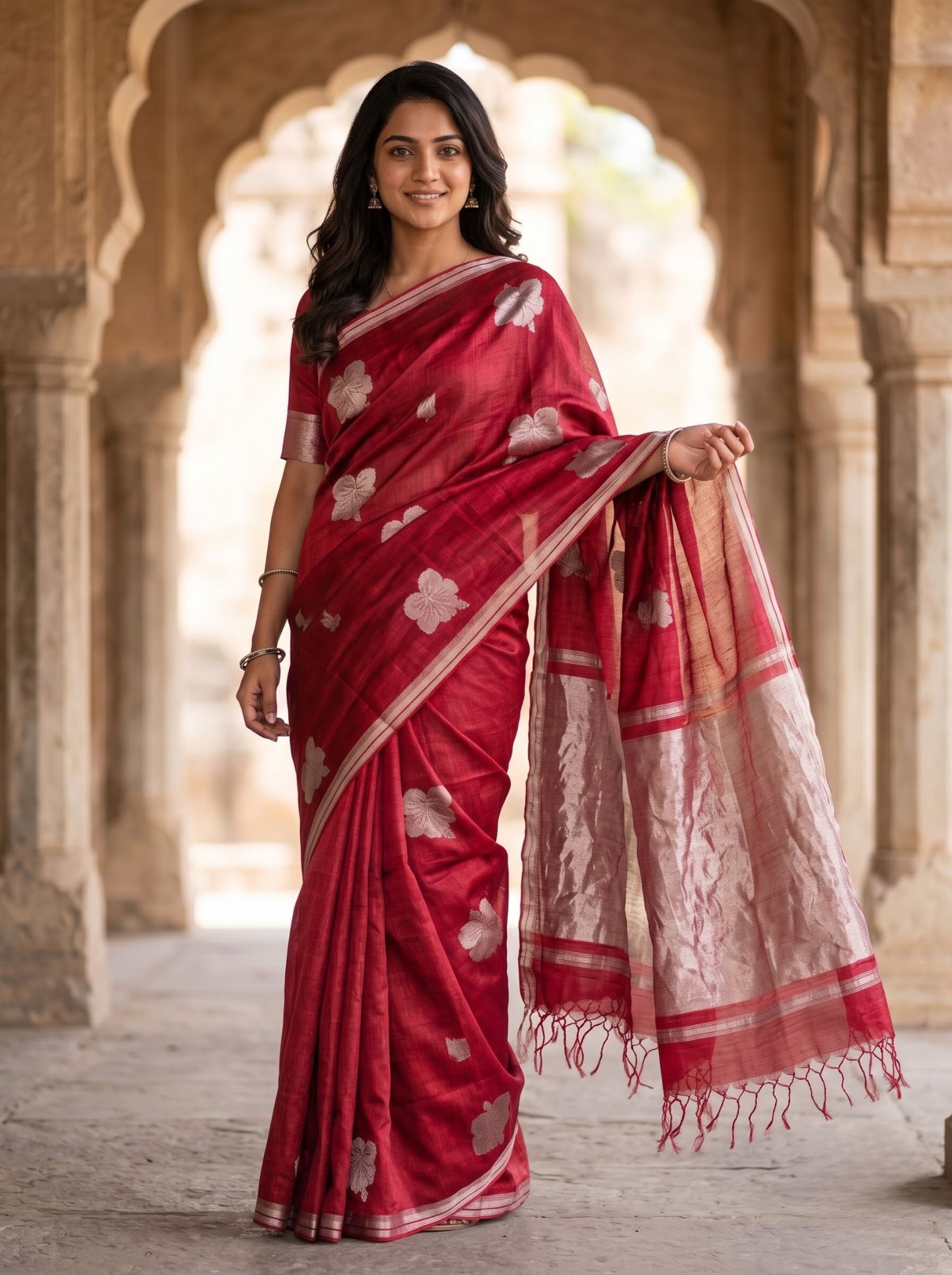 Tussar Silk Saree in Ruby Red for Festive Occasions