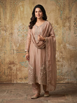 Tissue Salwar Suit in Chikoo with Dupatta for Festive Wear