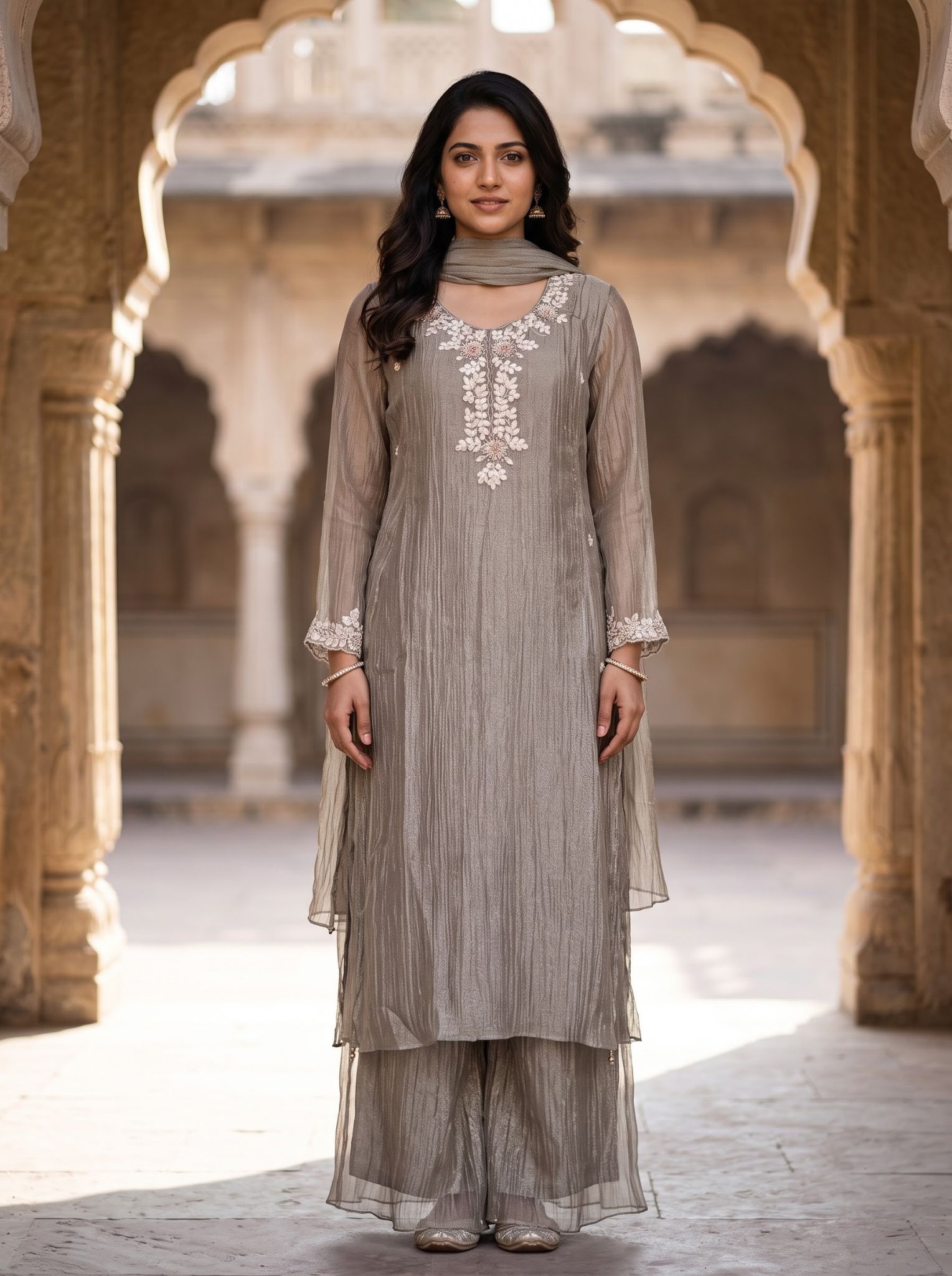 Grey Georgette Salwar Suit Set with Dupatta, Straight Cut