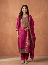 Silk Salwar Suit in Wine with Dupatta for Festive Wear