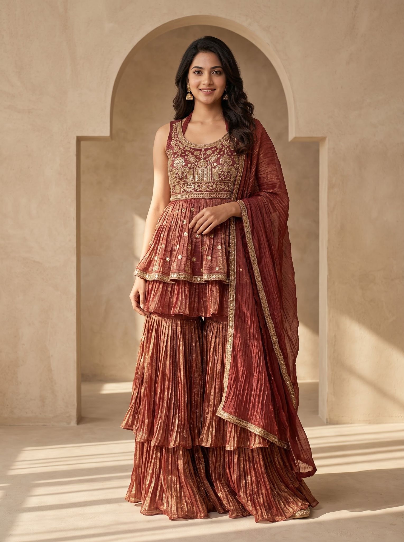 Georgette Palazzo Set Maroon With Kurta And Dupatta
