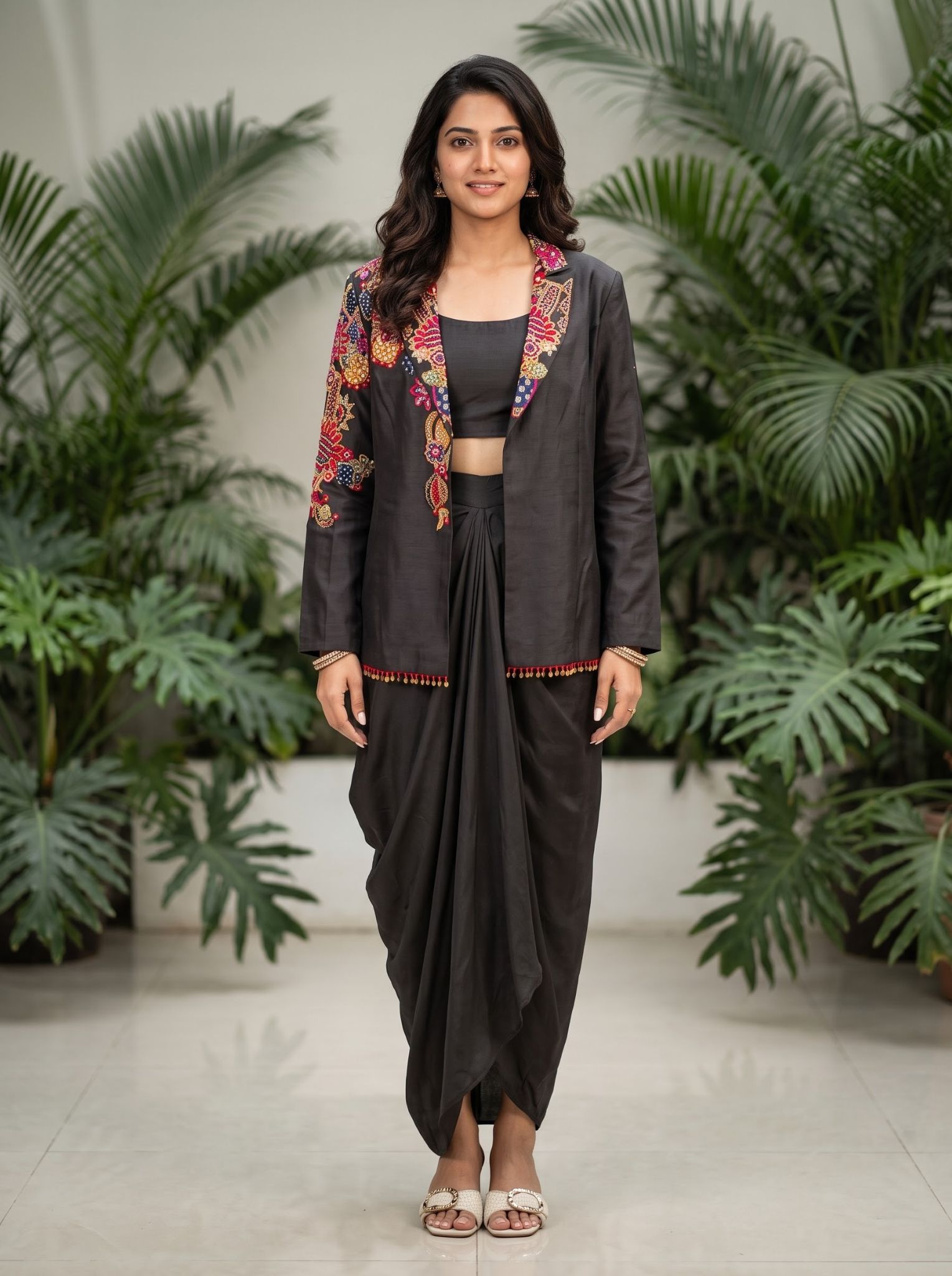 Black Embroidered Jacket with Dhoti Drape Skirt Set