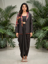 Black Embroidered Jacket with Dhoti Drape Skirt Set