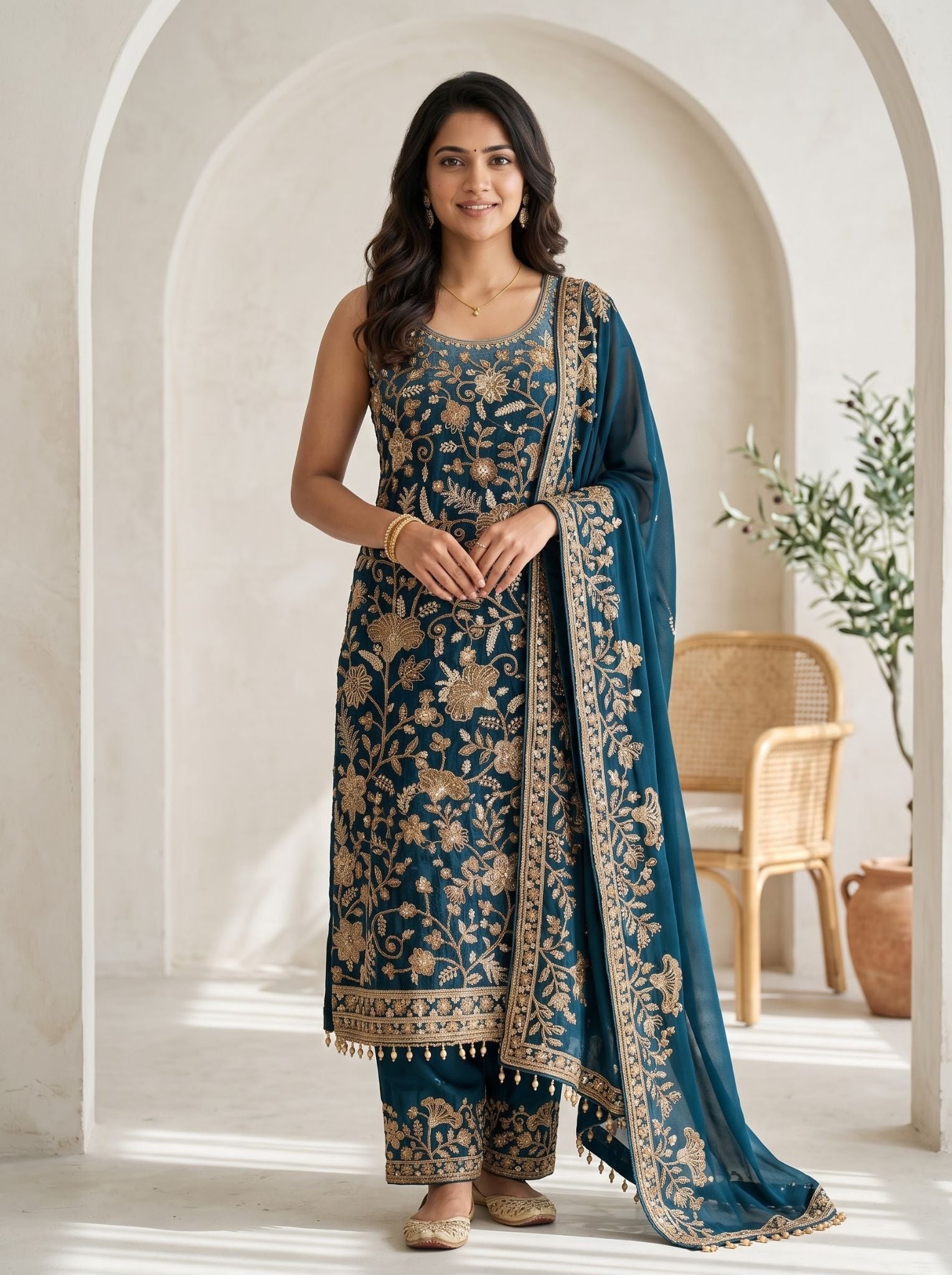 Georgette Sharara Salwar Suit in Teal Blue for Festive Wear