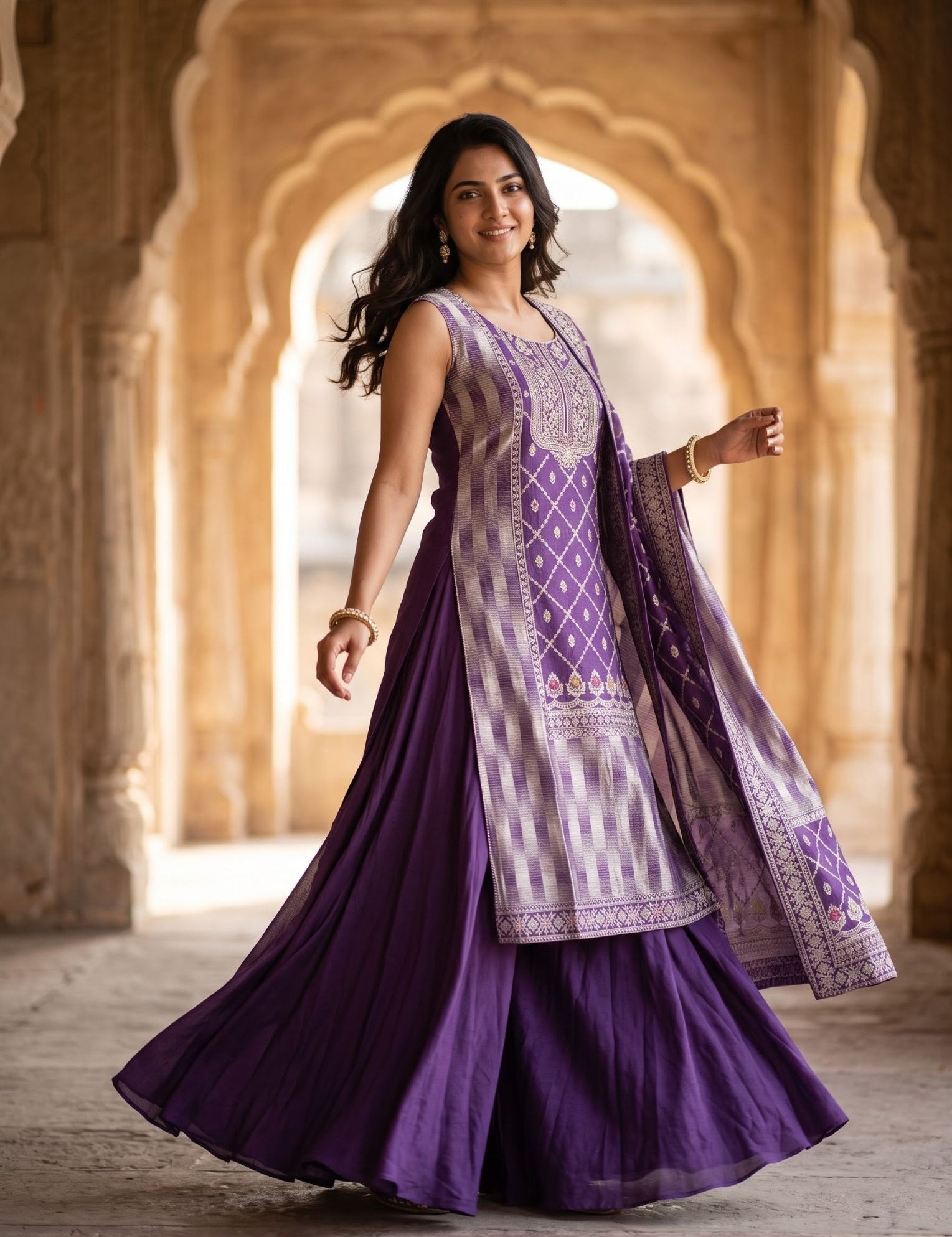 Purple raw silk salwar suit with kurta, bottom and dupatta, styled for festive wear