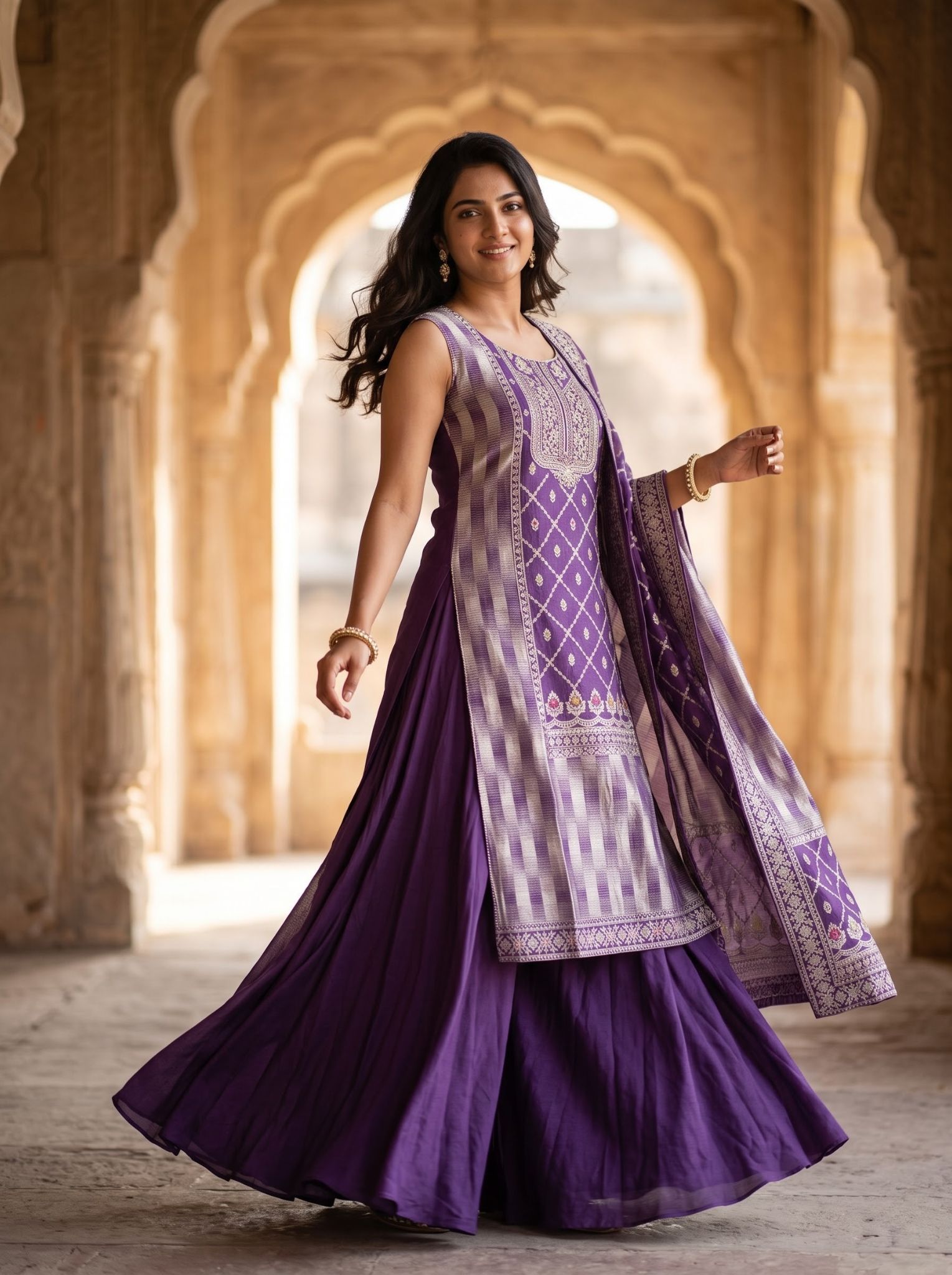 Purple raw silk salwar suit with kurta, bottom and dupatta, styled for festive wear