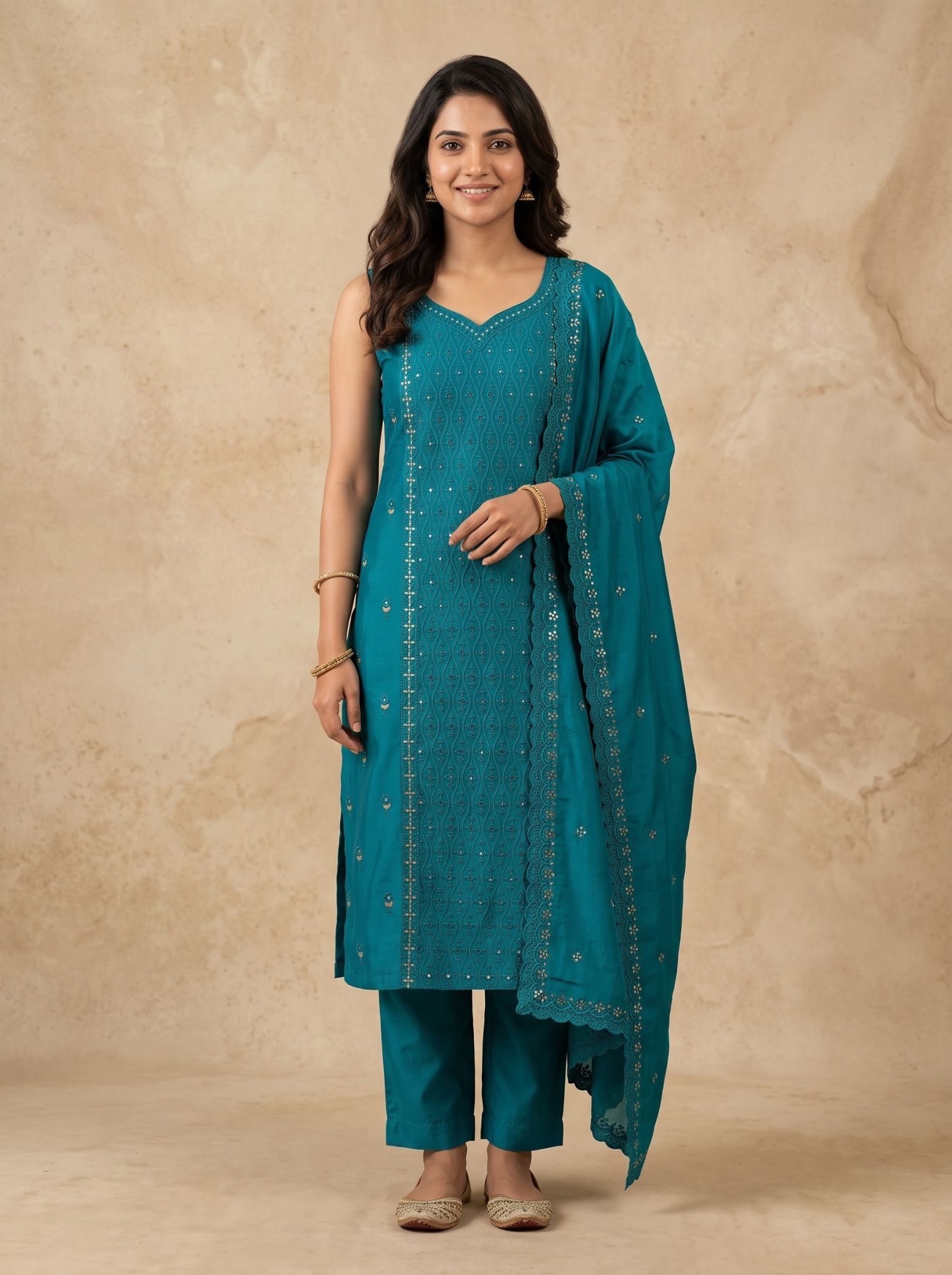 Cotton Salwar Suit in Rama with Dupatta for Festive Wear