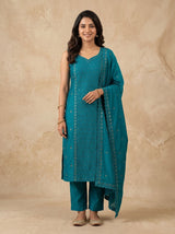 Cotton Salwar Suit in Rama with Dupatta for Festive Wear