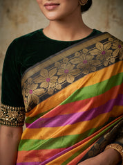 Kanchipuram Silk Saree with Multicolor Stripes & Zari Border