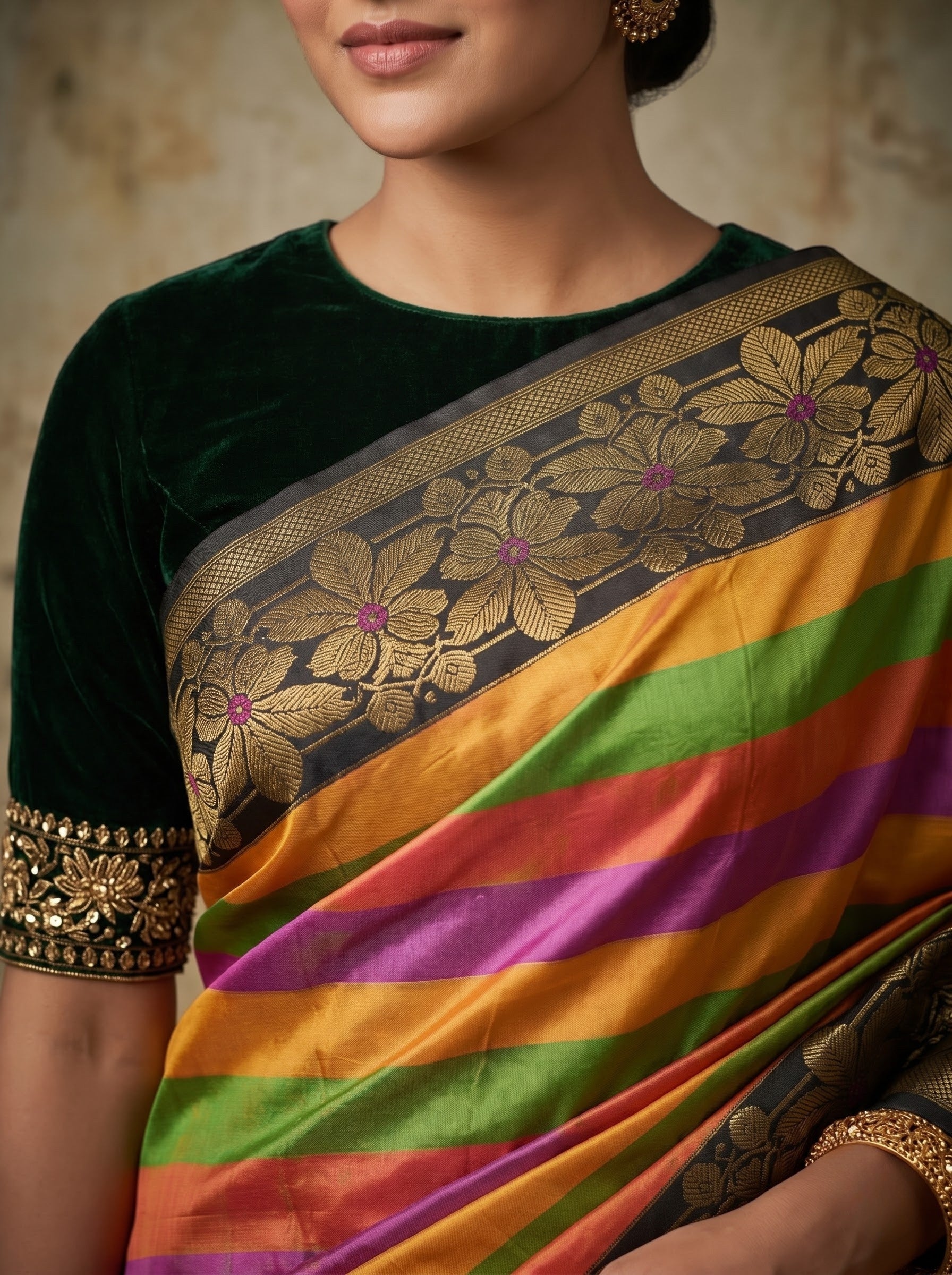 Kanchipuram Silk Saree with Multicolor Stripes & Zari Border
