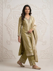 Olive Gold Brocade Silk Straight Cut Salwar Suit with Dupatta