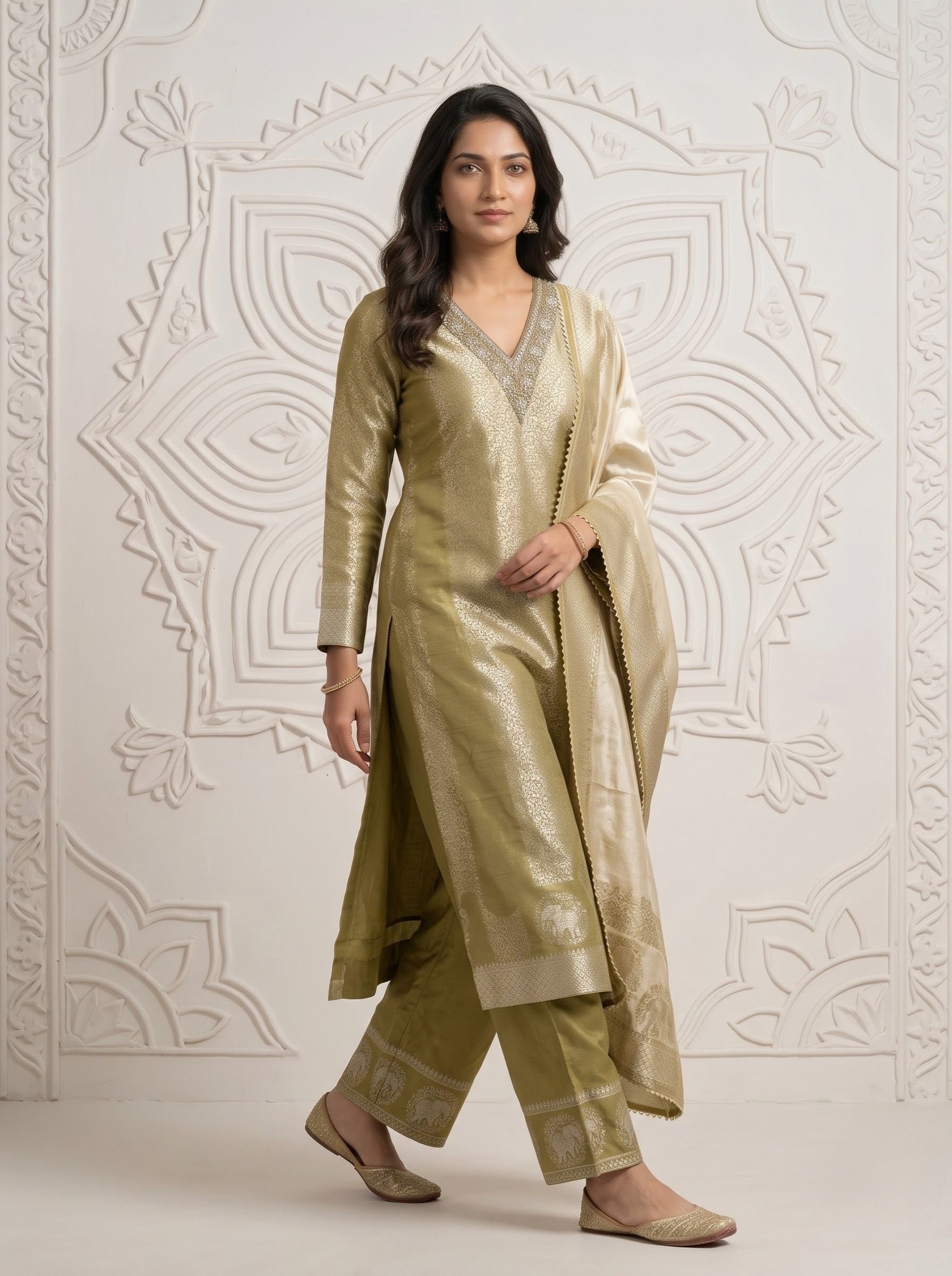 Olive Gold Brocade Silk Straight Cut Salwar Suit with Dupatta