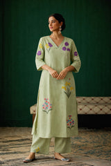 Pista Green Linen Salwar Set for Women | Floral Embroidered Ethnic Coord Set
