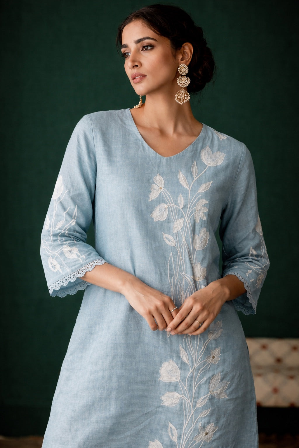 Powder Blue Linen Salwar Set for Women | Floral Embroidered Elegant Ethnic Wear