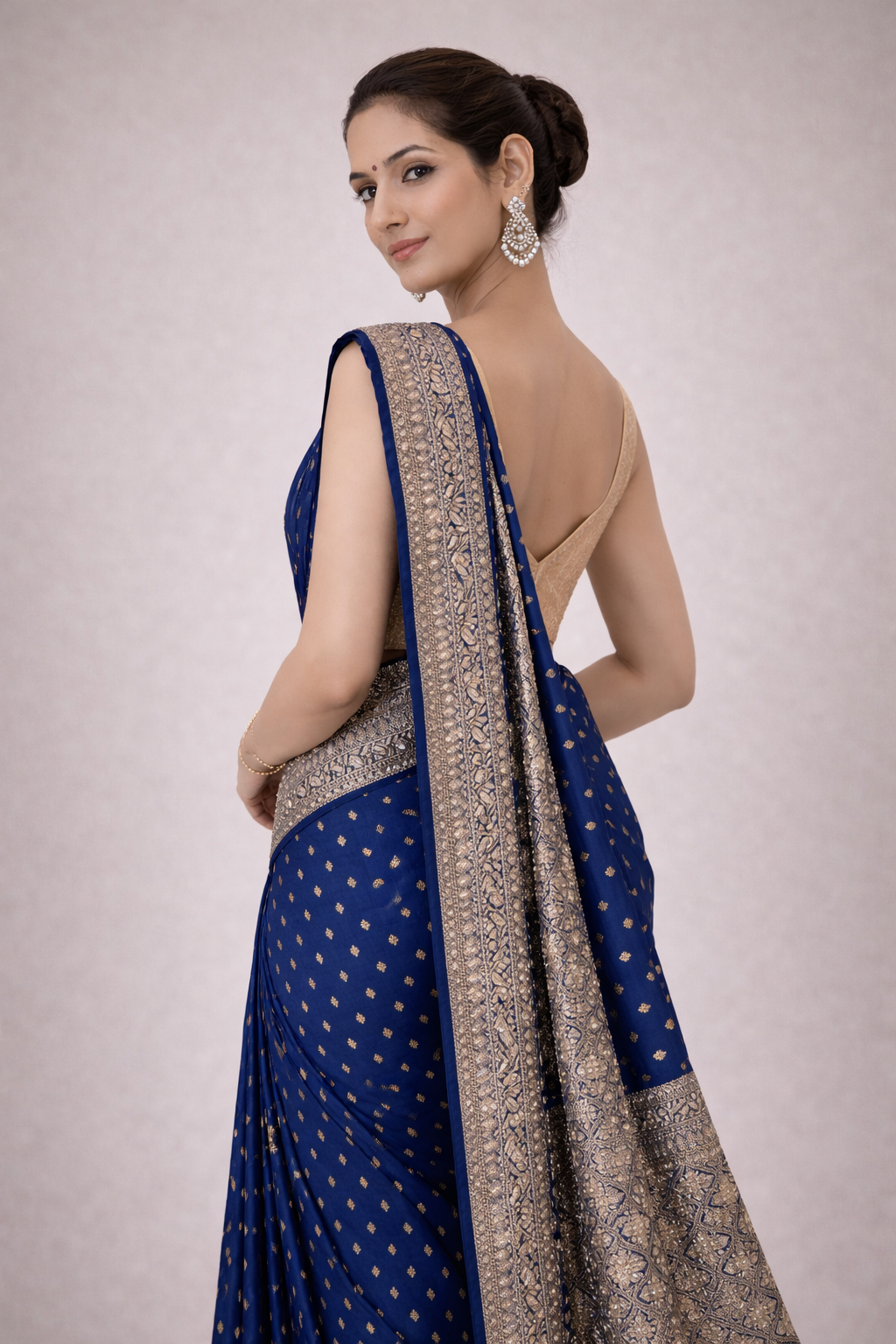 Royal Blue & Antique Gold Designer Silk Saree