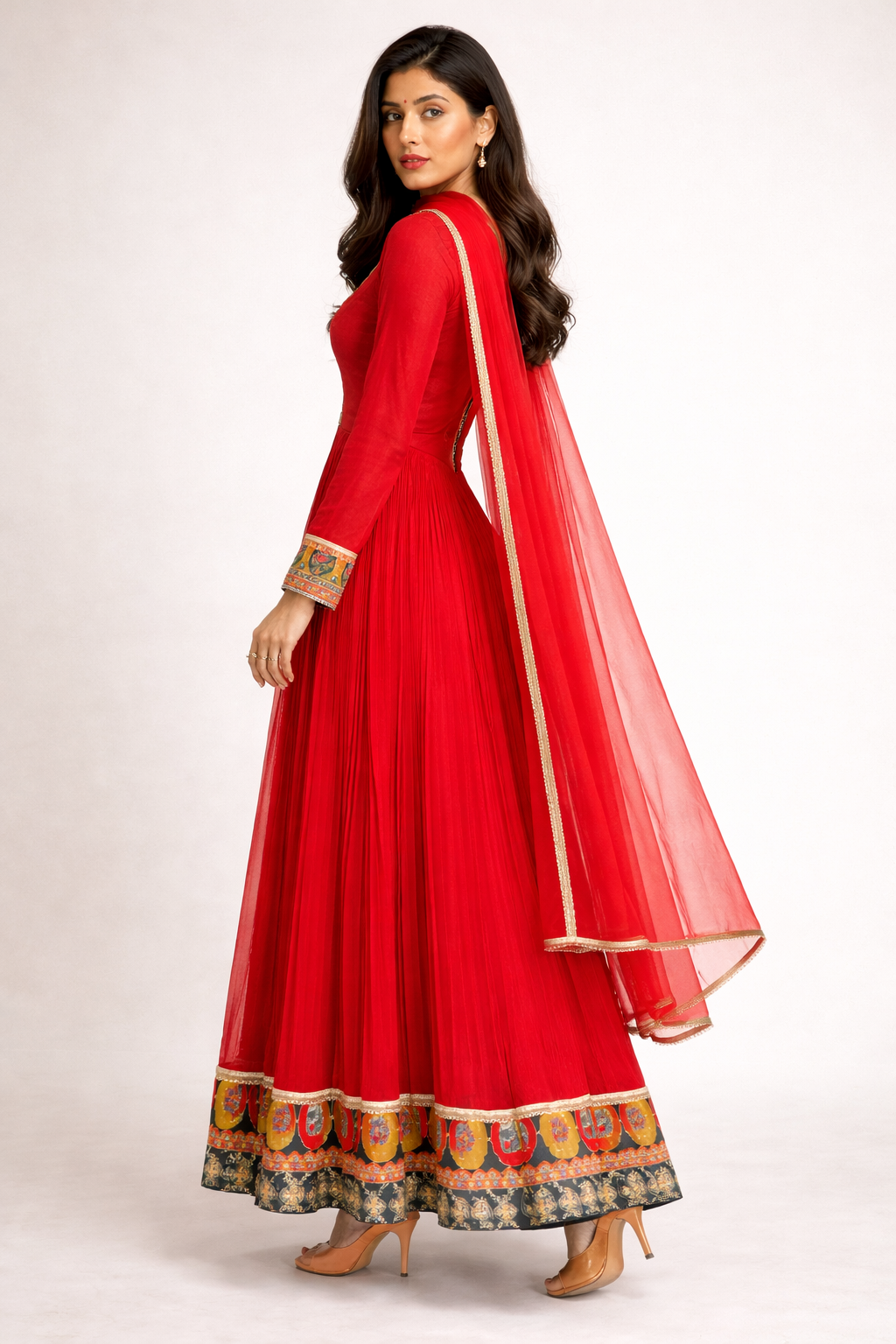 Regal Red Georgette Anarkali Gown Set with Hand-Embroidered Yoke & Signature Dupatta