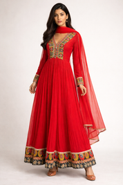 Regal Red Georgette Anarkali Gown Set with Hand-Embroidered Yoke & Signature Dupatta