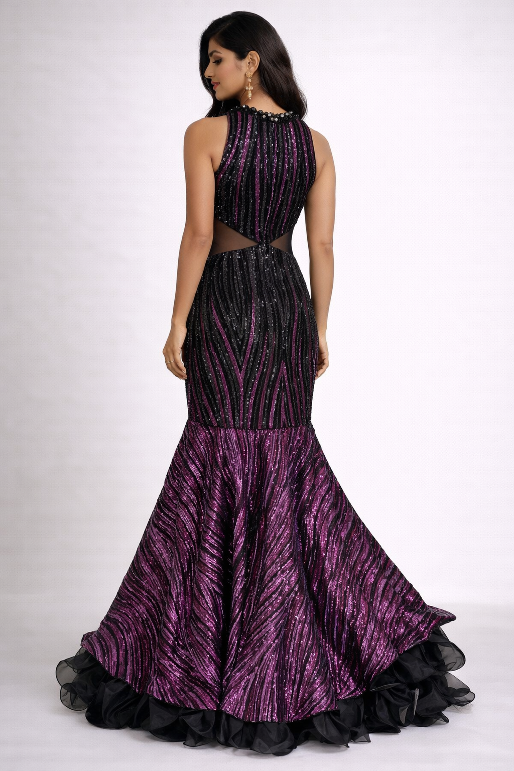 Midnight Noir Sequin Mermaid Gown – Black & Plum Couture Net Evening Dress