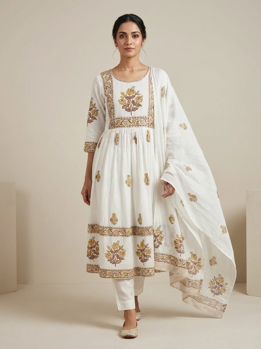 Cream and Brown Geometric Floral Print Cotton Salwar Suit | Ethnic Kurta Set for Women | Festive & Casual Indian Wear