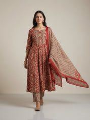 Red Traditional Floral Printed Cotton Salwar Suit with Coordinated Dupatta