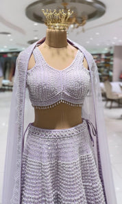 Lavender Raw Silk Embroidered Lehenga Set with Net Dupatta