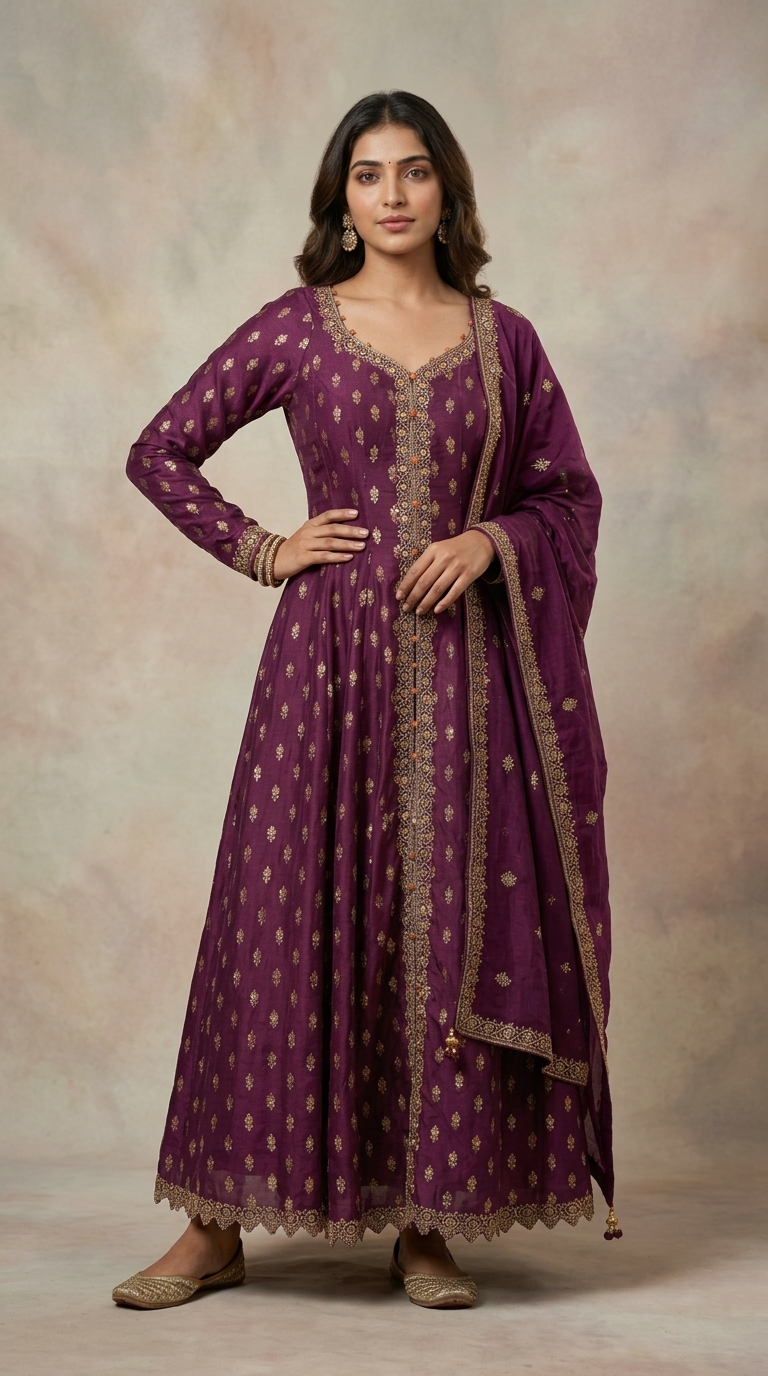 Wine Organza Embroidered Anarkali Set with Scalloped Hem | Premium Festive Suit