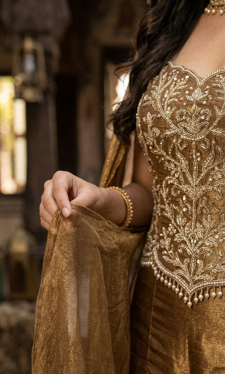DIVA Gold Embroidered Indo-Western Satin Outfit – Festive Wear | DIVA