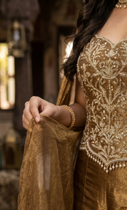 DIVA Gold Embroidered Indo-Western Satin Outfit – Festive Wear | DIVA