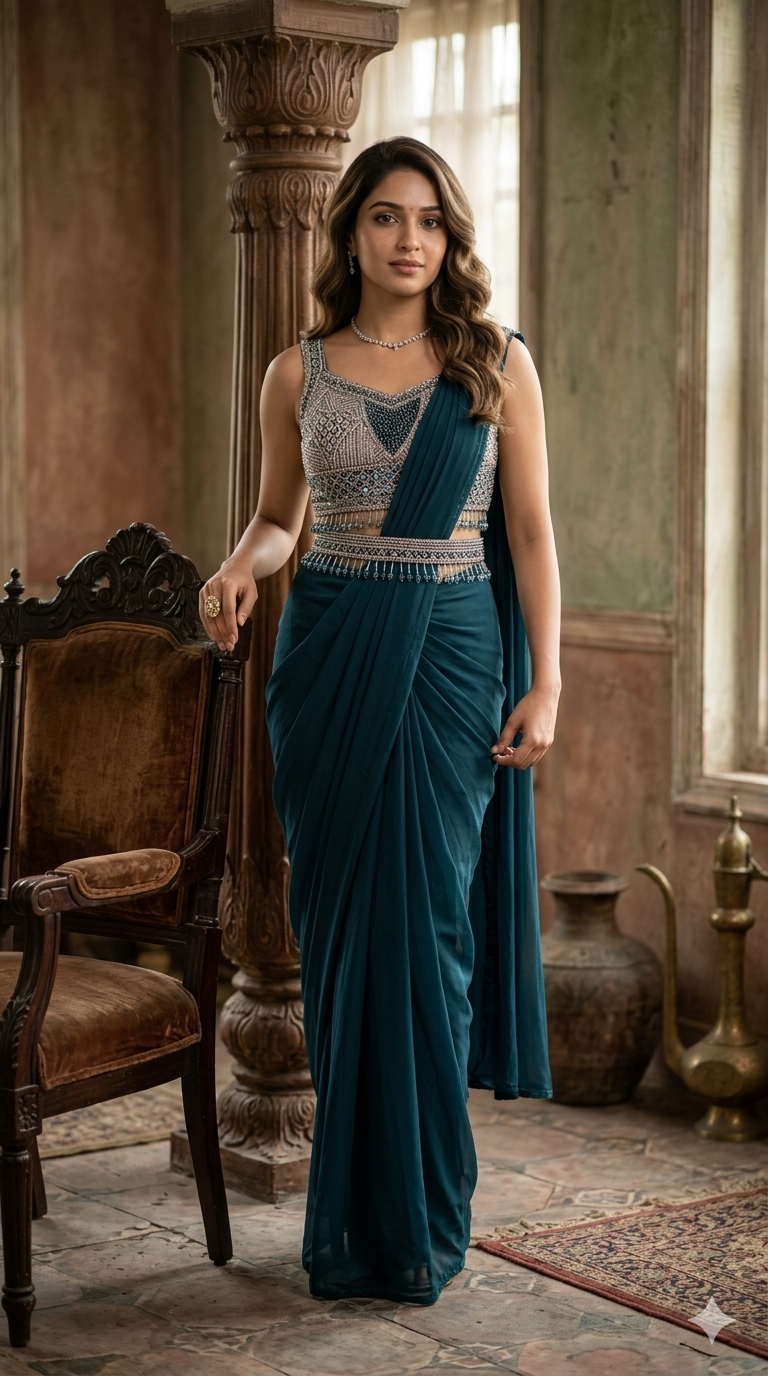 DIVA Royal Blue Embellished Tissue Ready-Made Saree