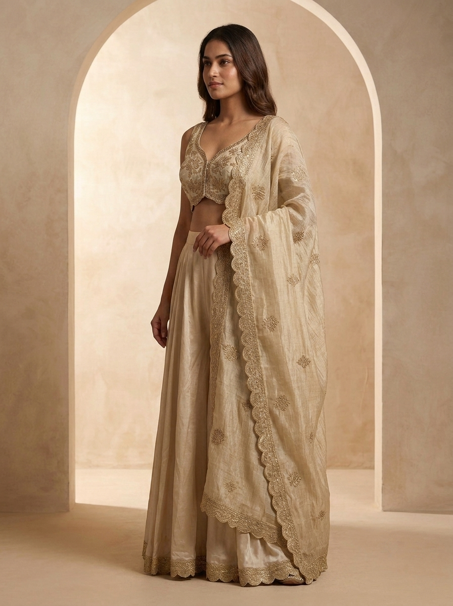 Champagne Gold Tissue Embroidered Palazzo Set