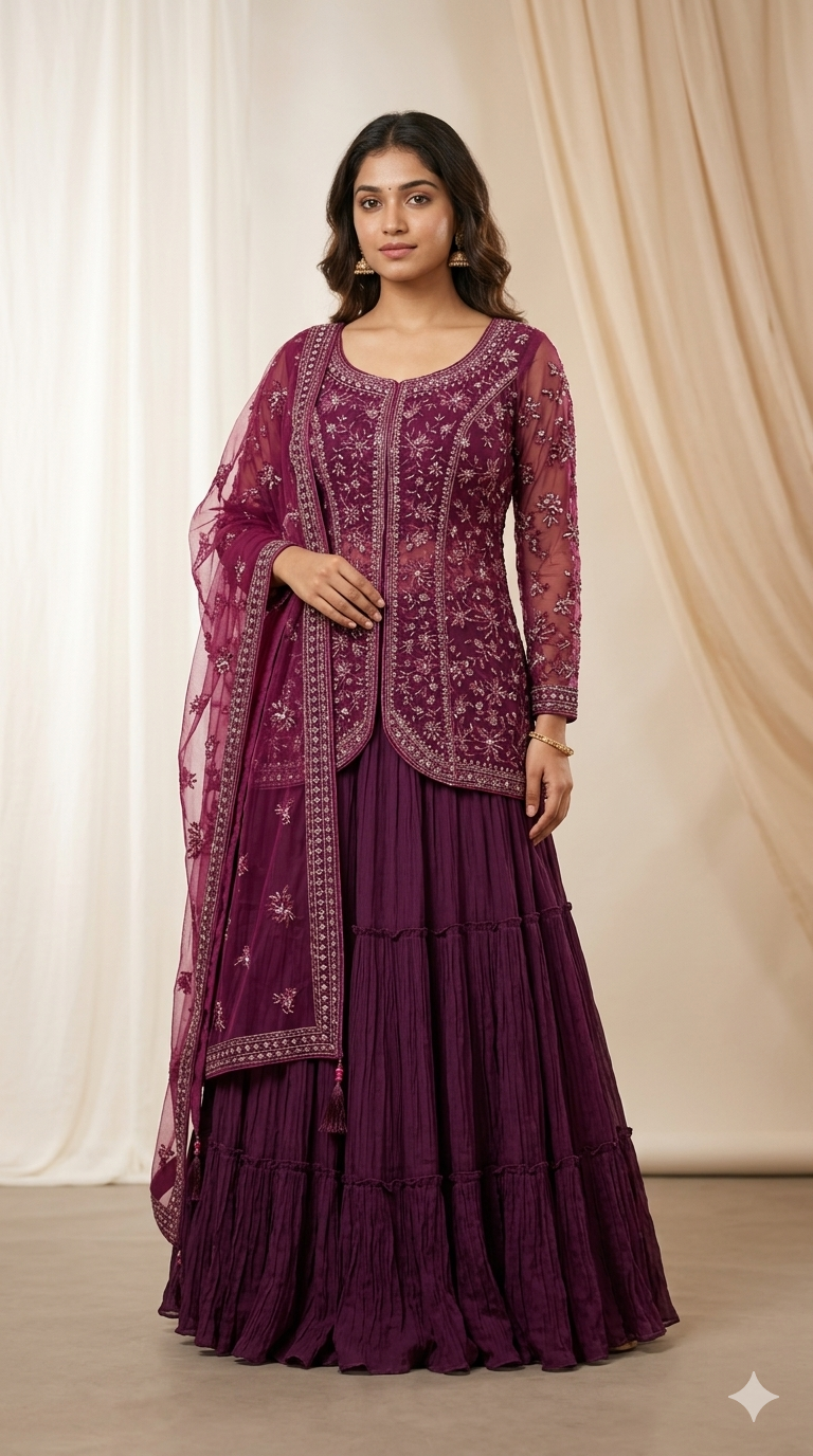 DIVA Wine Embroidered Georgette Ghagra Choli Set