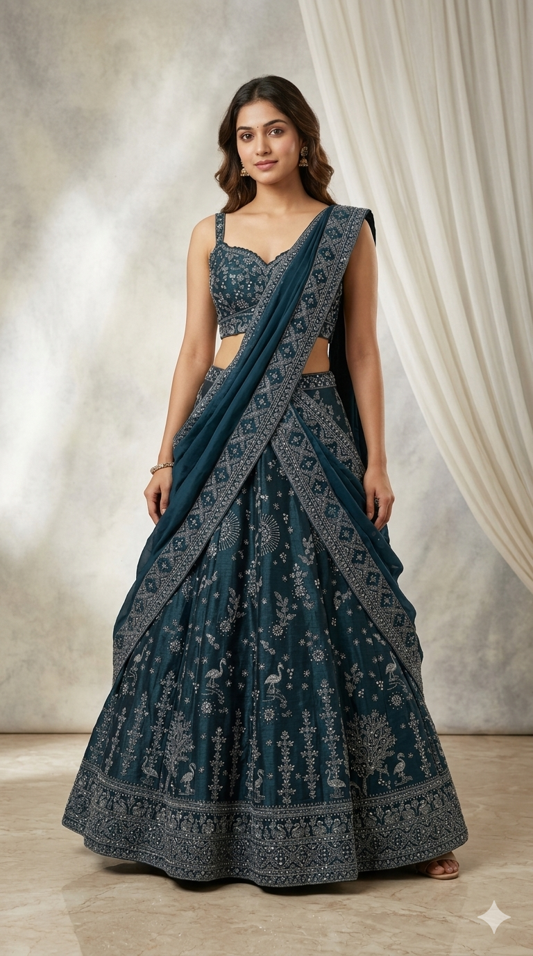 Teal Blue Embroidered Taffeta Silk Lehenga with Sequins Work Dupatta