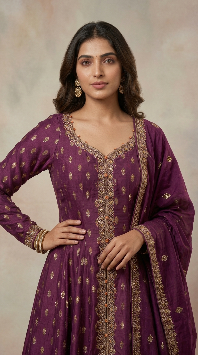 Wine Organza Embroidered Anarkali Set with Scalloped Hem | Premium Festive Suit