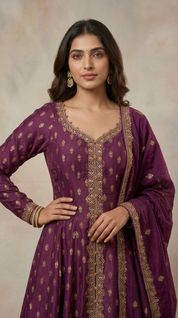 Wine Organza Embroidered Anarkali Set with Scalloped Hem | Premium Festive Suit