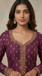 Wine Organza Embroidered Anarkali Set with Scalloped Hem | Premium Festive Suit