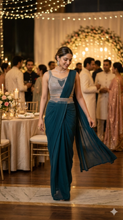 DIVA Royal Blue Embellished Tissue Ready-Made Saree