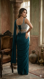 DIVA Royal Blue Embellished Tissue Ready-Made Saree