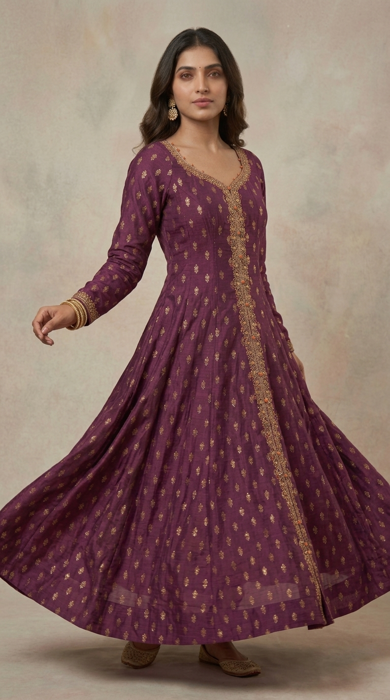 Wine Organza Embroidered Anarkali Set with Scalloped Hem | Premium Festive Suit