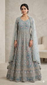 Dusty Blue Embroidered Net Mastani with Floral Sequins Work Dupatta